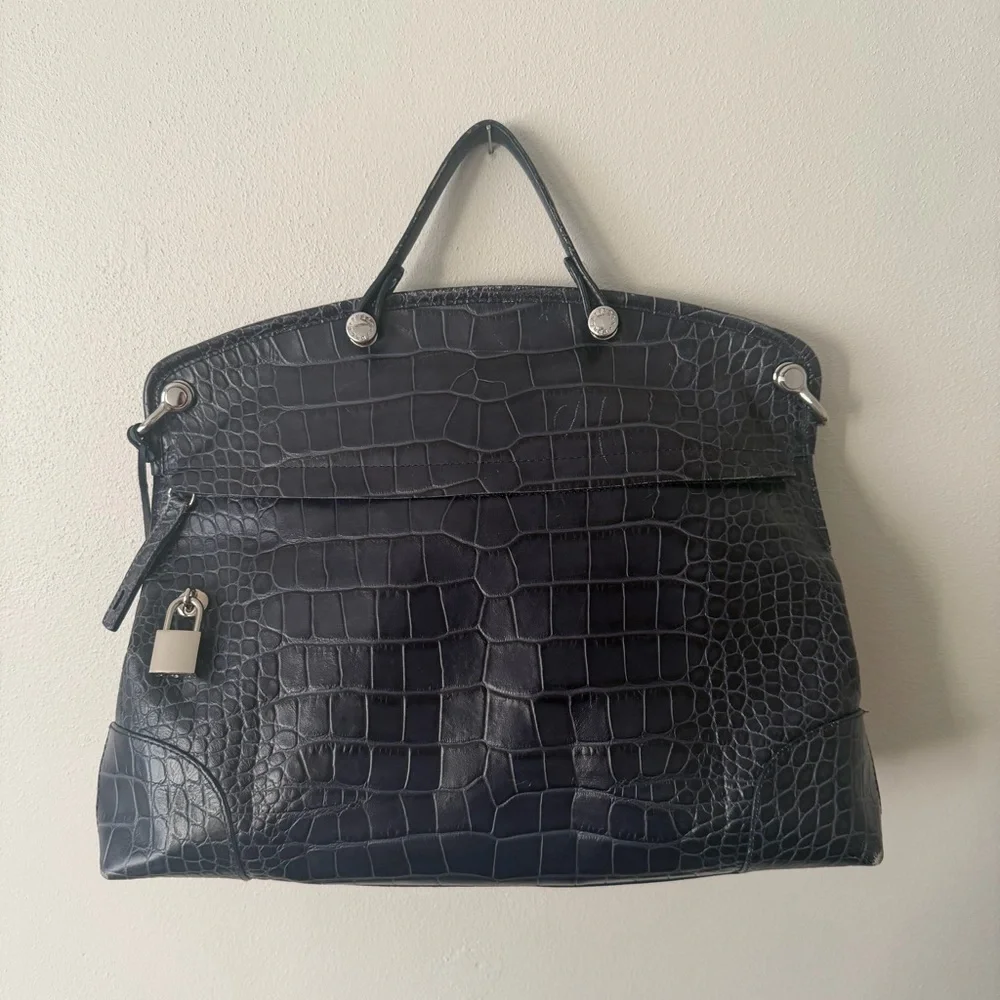 Furla Rich Blue Piper Sachel Crocodile Embossed Handbag silver hardware